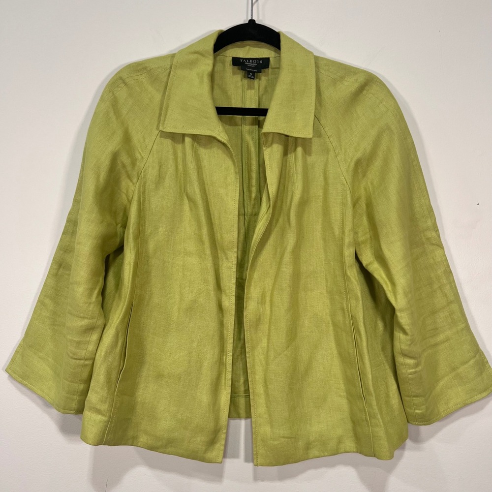 Talbots 100% Linen Open Front Blazer Light Green Spring Jacket M Petite